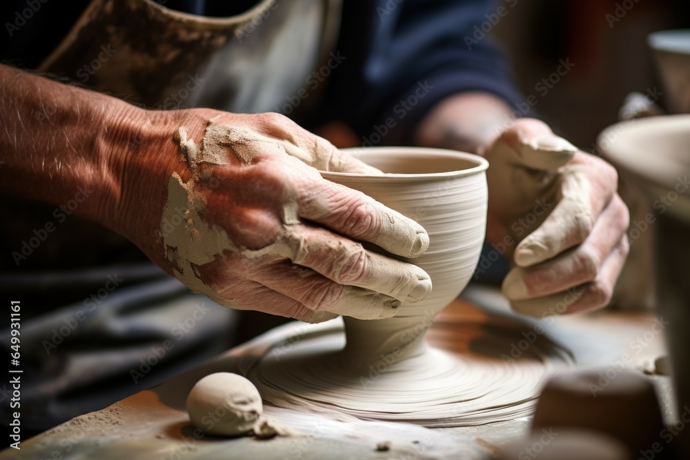 Poster A person is shown creating a bowl out of clay. This image can be used to showcase the art of pottery or for illustrating the process of creating handmade ceramics.