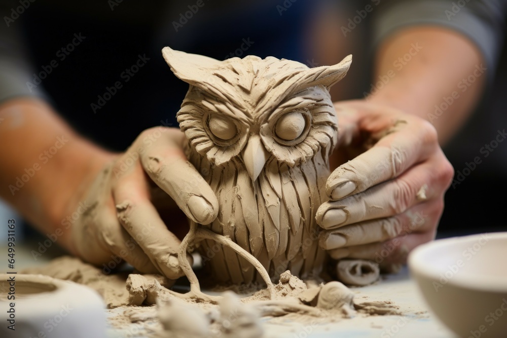 Poster A person is shown creating a clay owl sculpture. This image can be used to showcase the process of sculpting with clay and to inspire creativity.