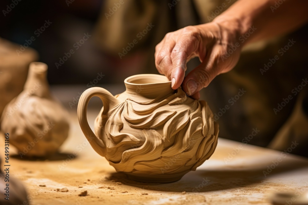 Poster A person is seen creating a vase out of clay. This image can be used to showcase the art of pottery or as a representation of creativity and craftsmanship.