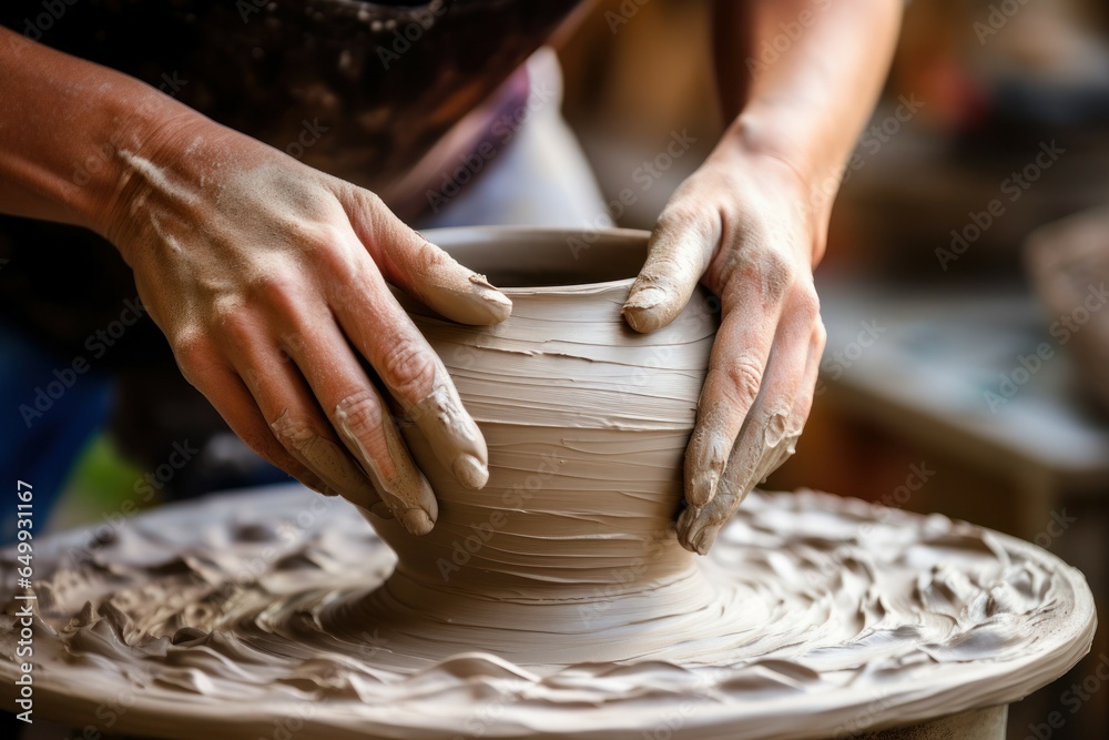 Poster A woman is shown using a pottery wheel to create a vase. This image can be used to depict creativity, craftsmanship, and the art of pottery-making.