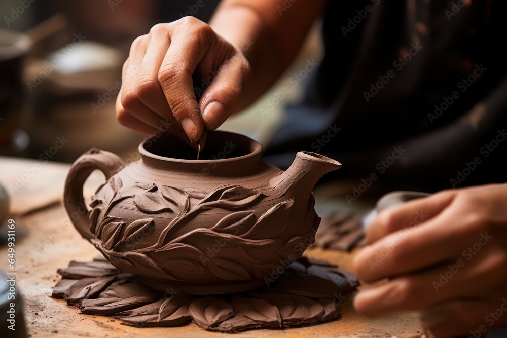Poster A person is shown making a clay teapot. This image can be used to showcase the art of pottery making or to illustrate a DIY project for creating handmade teapots.