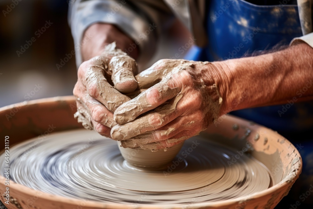Aufkleber A person is shown in the process of making a bowl out of clay. This image can be used to showcase pottery making, art and crafts, or as a representation of creativity and craftsmanship.