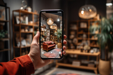 A shopper utilizing augmented reality to visualize furniture in their home before making a purchase. Concept of technology in shopping. Generative Ai.