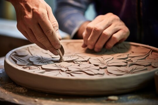 A close-up view of a person carving a plate with a knife. This image can be used to showcase the art of plate carving or as a representation of culinary skills.