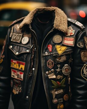 A picture of a man wearing a leather jacket with patches. This versatile image can be used to depict a stylish fashion statement or a rebellious attitude.