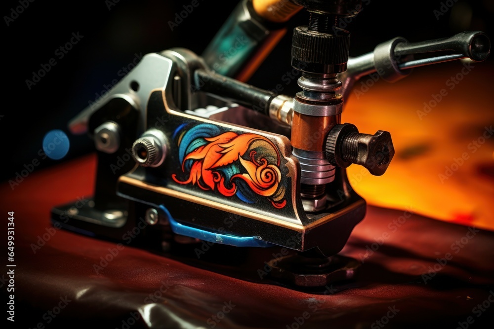Aufkleber A detailed close-up view of a tattoo machine resting on a table. This image can be used to showcase the tools and equipment used in the art of tattooing.