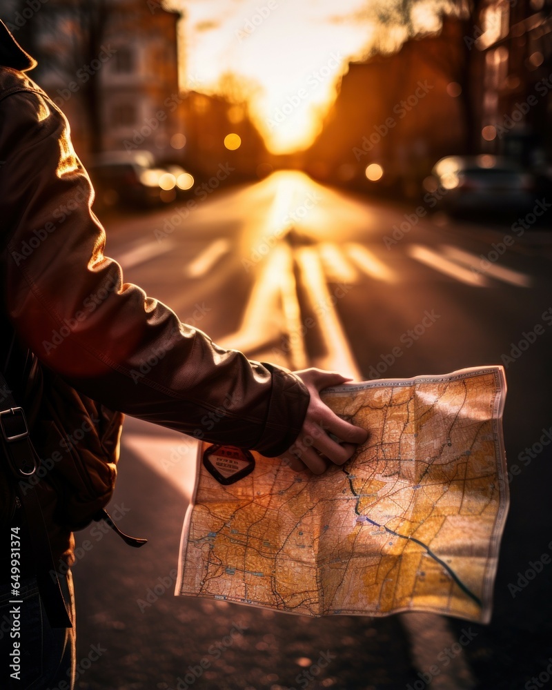 Poster a person is seen holding a map while standing on a city street. this image can be used to illustrate