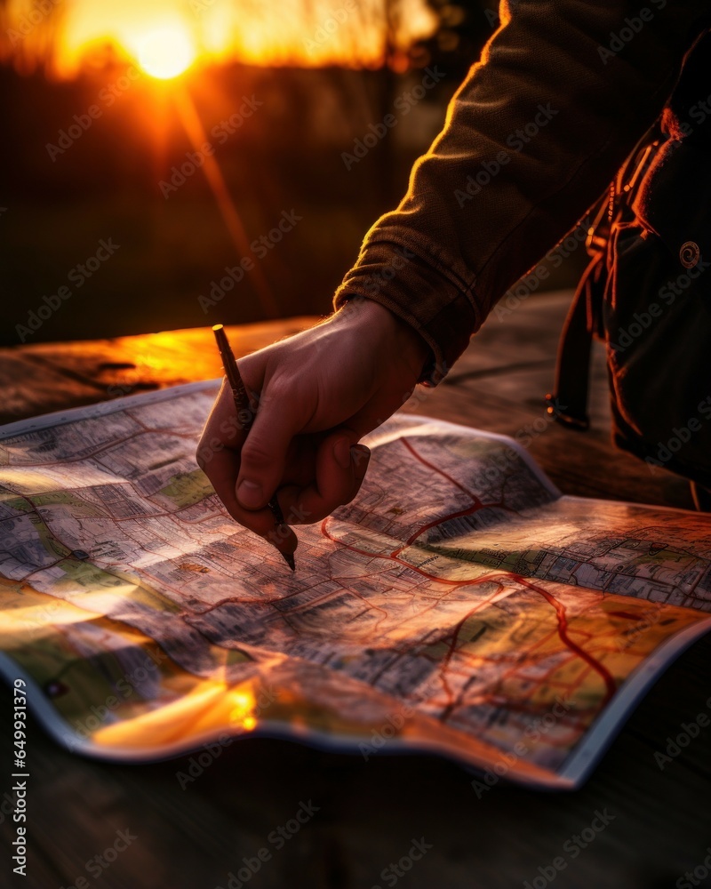 Poster a person is seen holding a pencil and writing on a map. this image can be used for various purposes,