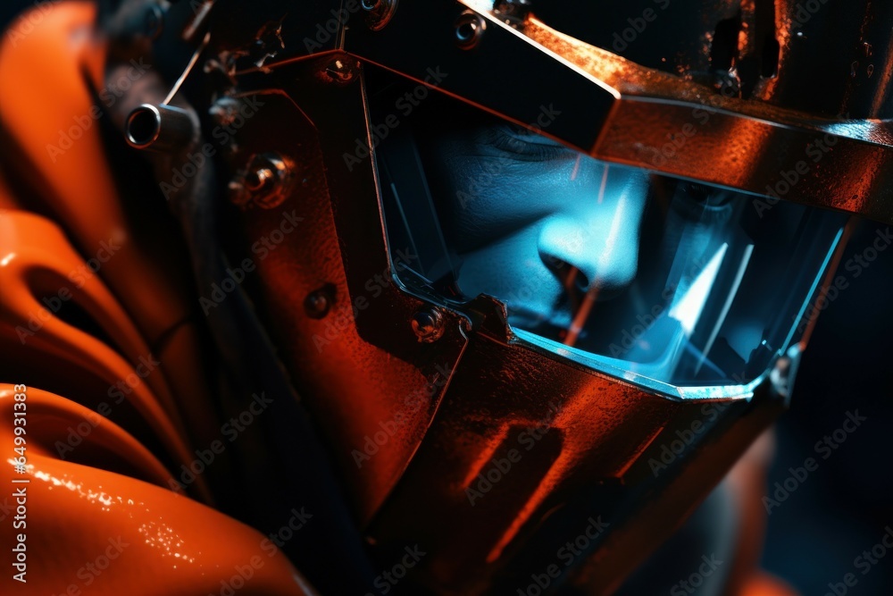 Poster a close-up view of a person wearing a helmet. this image can be used to illustrate safety, protectio