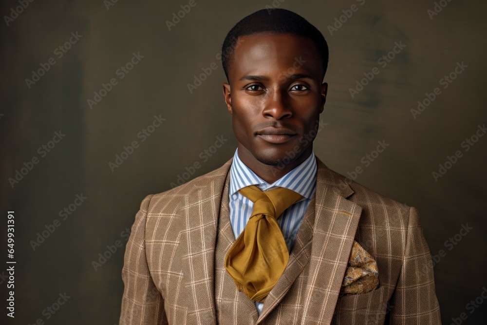 Poster a man dressed in a suit and tie poses for a professional picture. this image can be used for corpora