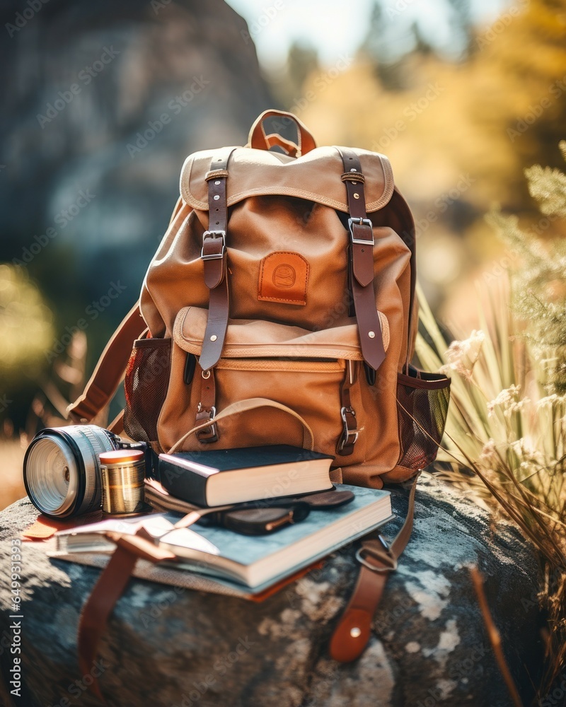 Sticker A backpack with a camera and books resting on a rock. Perfect for travel or education-related designs.