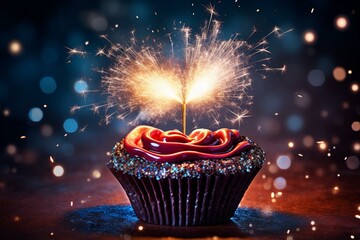 Delicious cupcake with dazzling sparkler and glowing heart shapes. Generative AI