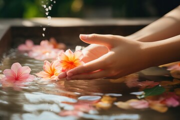 A woman's hand is sprinkled with water and adorned with colorful flowers. This image can be used to symbolize purity, beauty, and nature. It is suitable for various purposes such as spa, wellness, bea