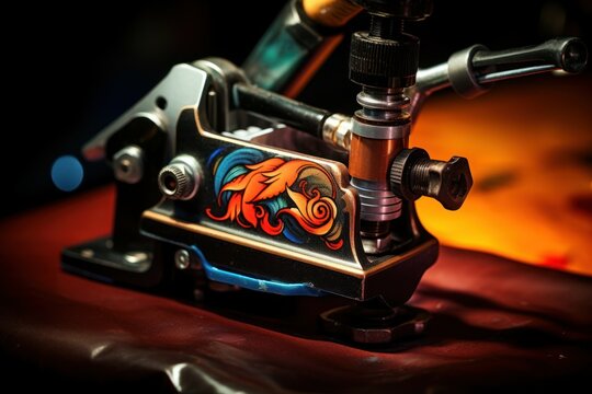 A detailed close-up view of a tattoo machine resting on a table. This image can be used to showcase the tools and equipment used in the art of tattooing.