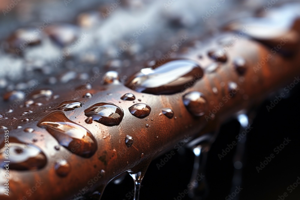 Poster a detailed view of water droplets on a pipe. this image can be used to depict concepts related to wa
