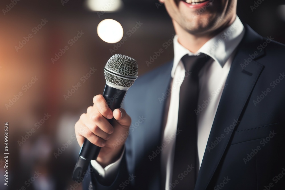 Poster a picture of a man dressed in a suit holding a microphone. this image can be used for various purpos