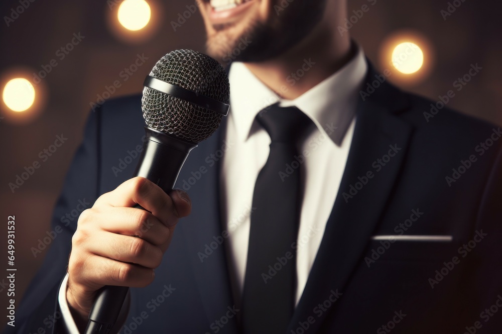 Poster a professional man in a suit holding a microphone. this image can be used for presentations, public 