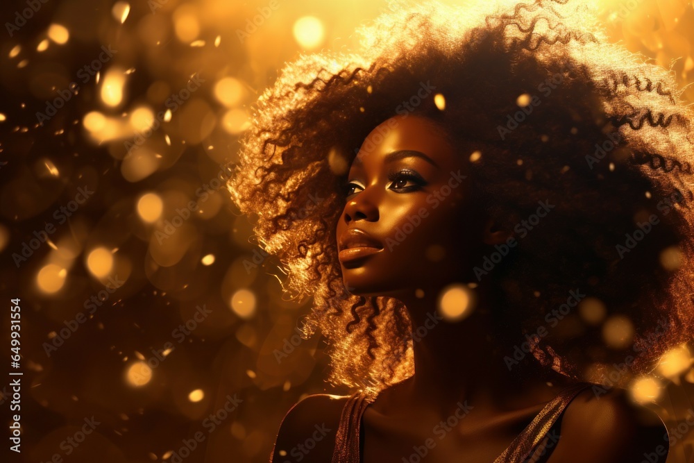Poster a woman with curly hair standing in front of a gold background. this versatile image can be used for