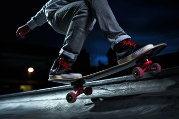 A man is shown riding a skateboard on top of a ramp. This image can be used to depict skateboarding, extreme sports, or youth culture.