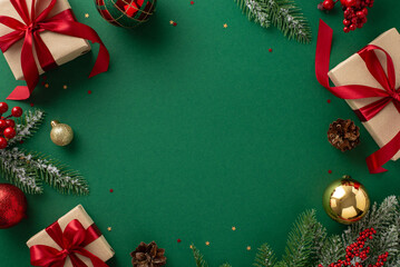 Christmas cheer theme. Top view of cream-colored gift boxes adorned with red bows, tree toys, pine...