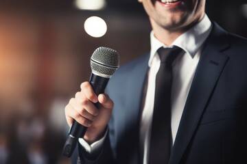 A picture of a man dressed in a suit holding a microphone. This image can be used for various purposes, such as presentations, public speaking, conferences, or interviews.