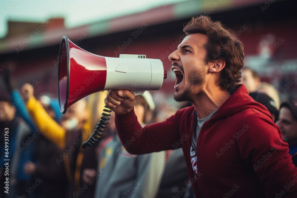 Poster a man passionately using a megaphone to address a large crowd. this image can be used to depict publ