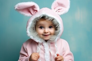 Fototapeta premium A cute little girl is dressed in a pink bunny costume. This adorable image can be used for various purposes, such as children's parties, Easter celebrations, or costume-themed events.
