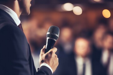 A professional man in a suit holding a microphone. Perfect for presentations, speeches, and public speaking events.