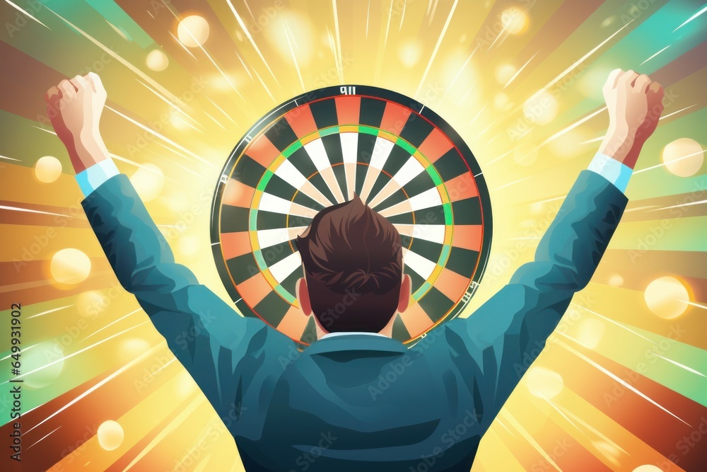 Poster a man standing with his arms raised in front of a dart board. this image can be used to represent su