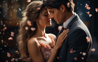 Beautiful couple, woman in wedding dress, man in suit, kissing. Generative AI