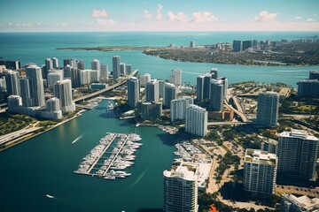 Bird's-eye perspective of Miami's urban landscape and coastal areas in Florida, USA. Generative AI