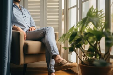 A man is pictured sitting in a chair in front of a window. This image can be used to depict relaxation, contemplation, or enjoying a view.