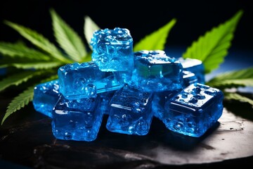 Blue gummies infused with delta-9 CBD made from blue raspberry flavor and adorned with leaves. Generative AI