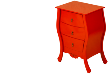 Criado Mudo de cor vermelho, três gavetas com puxadores de metal. São Paulo, Brasil. 
Formato de arquivo png fundo transparente.