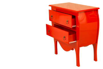 Criado Mudo de cor vermelha, duas gavetas com puxadores de metal. São Paulo, Brasil. 
Formato de arquivo png fundo transparente.