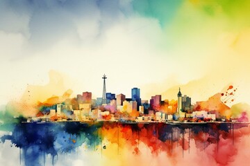 Vibrant watercolor of Las Vegas skyline. Generative AI