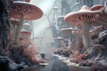 sztuka komputerowa przedstawiajaca swiat w krainie grzybów, zwariowany las grzybów - obrazy, fototapety, plakaty