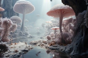 sztuka komputerowa przedstawiajaca swiat w krainie grzybów, zwariowany las grzybów