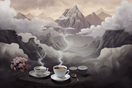 Coffee beside mountain. Generative AI