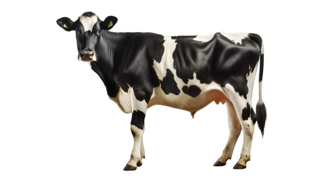 a black and white cow standing isolated on transparent background