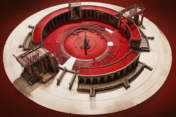 Aerial perspective of a crimson circle stage or base design. Generative AI