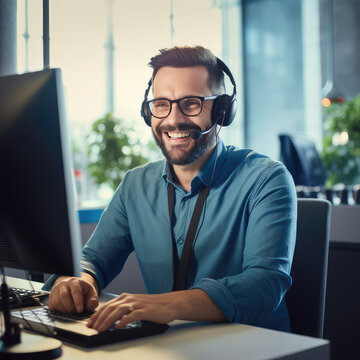 Trabajador del centro de llamadas siempre sonriente operador de atenci&oacute;n al cliente en el trabajo joven empleado que trabaja con un auricular