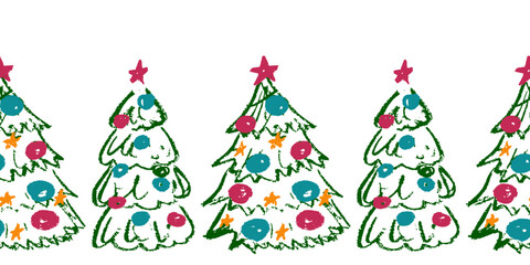 Cute seamless border. Drawings with wax crayons. Design for paper, fabric, interior decor and other use