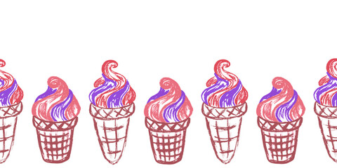 Cute seamless border. Drawings with wax crayons. Design for paper, fabric, interior decor and other use