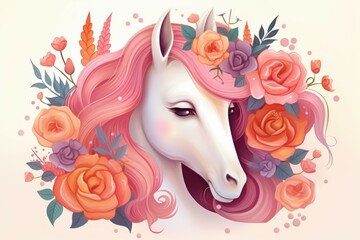 Floral Cute unicorn with flowers. Wild style. Generate AI