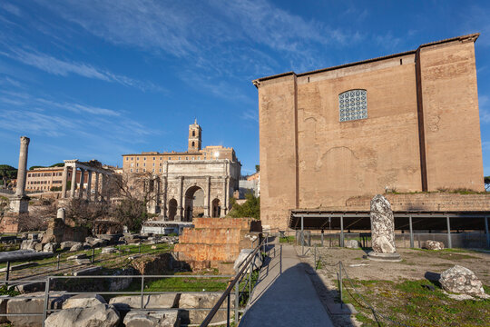 Roman Forum with Lapis Niger (venerated by the Roman people as the location of the tomb of Romulus) and Curia in the foreground, Rome, Italy