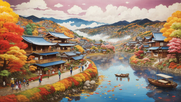A mesmerizing image of an enchanting countryside village nestled beside a serene lake during the vibrant autumn season - AI Generative