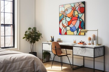 White Modern Residential Bedroom Interior with Office Desk Area with Leather Brown Chair and Stained Glass Wall Art and Indoor Tree in Corner