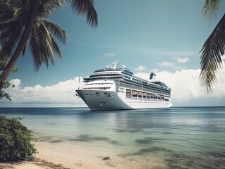Luxury cruise ship departing from a tropical port