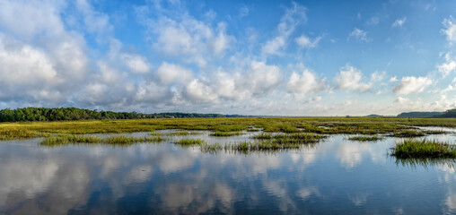 panorama landscape of tidal beds and marshlands in Pawleys Island in South Carolina